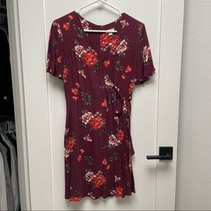 Maroon floral faux wrap mini dress